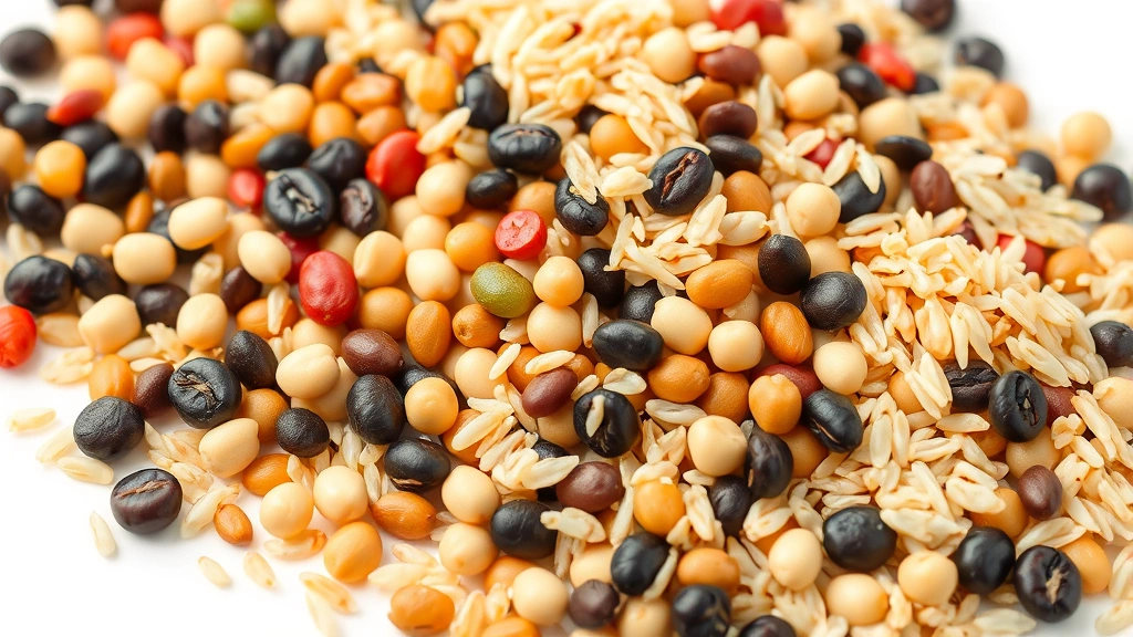 grandma's cheap recipes -
Photorealistic close-up macro photography of dried beans and rice textures: col