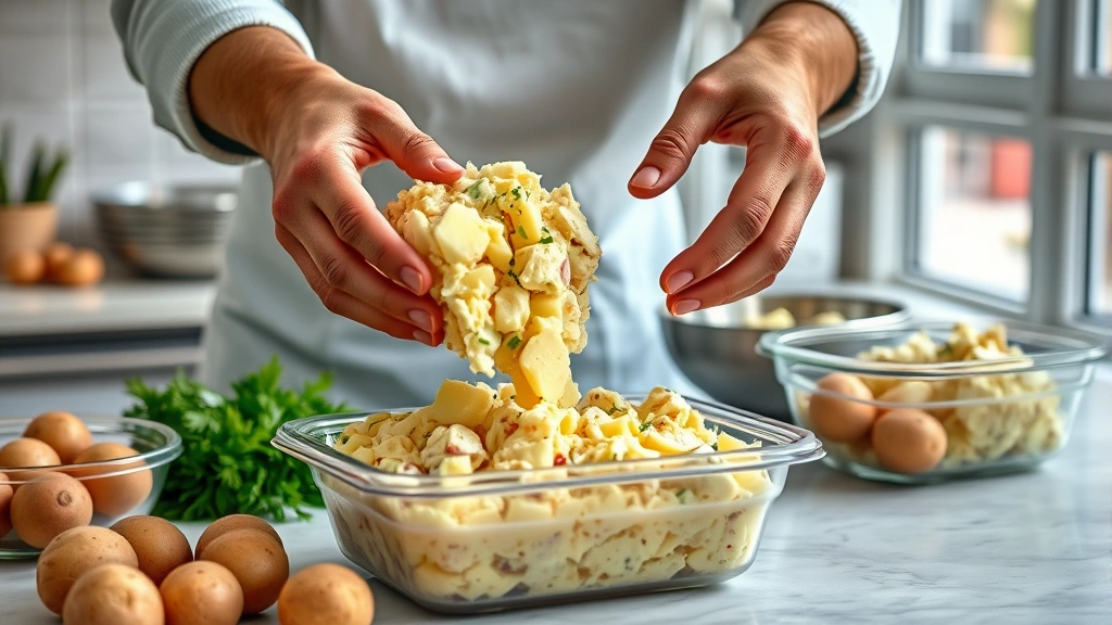 grandma's recipe box summer potluck -
Photorealistic hands carefully arranging potato salad into a shallow transport
