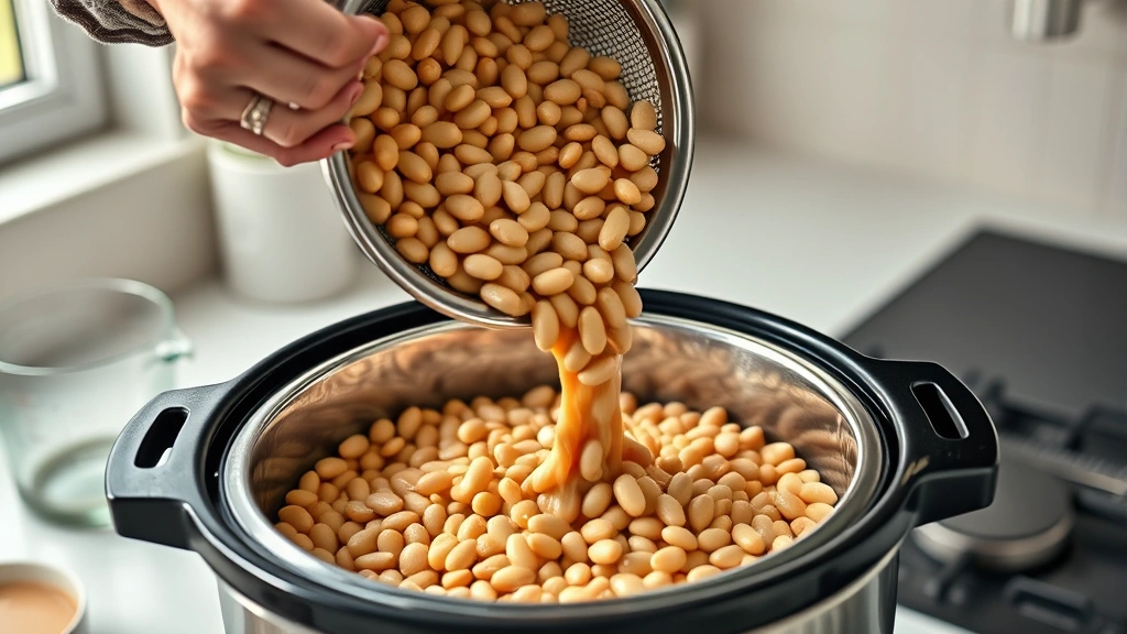 great northern beans recipe -
Photorealistic hands pouring soaked great northern beans from a colander into a