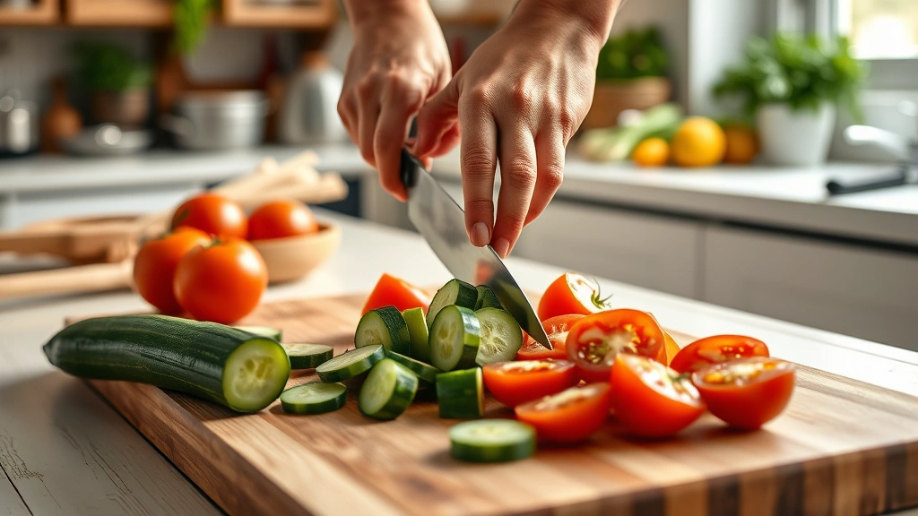 greek bowl recipe -
Photorealistic hands chopping fresh cucumber and tomatoes on a wooden cutting b