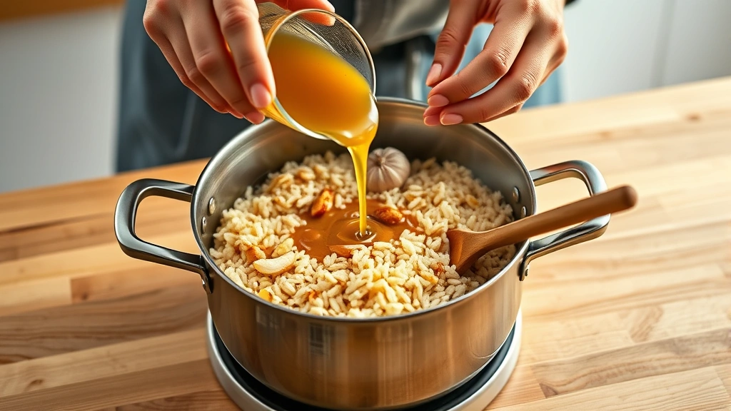 greek rice recipe -
Photorealistic hands pouring warm chicken broth into a saucepan with toasted ri