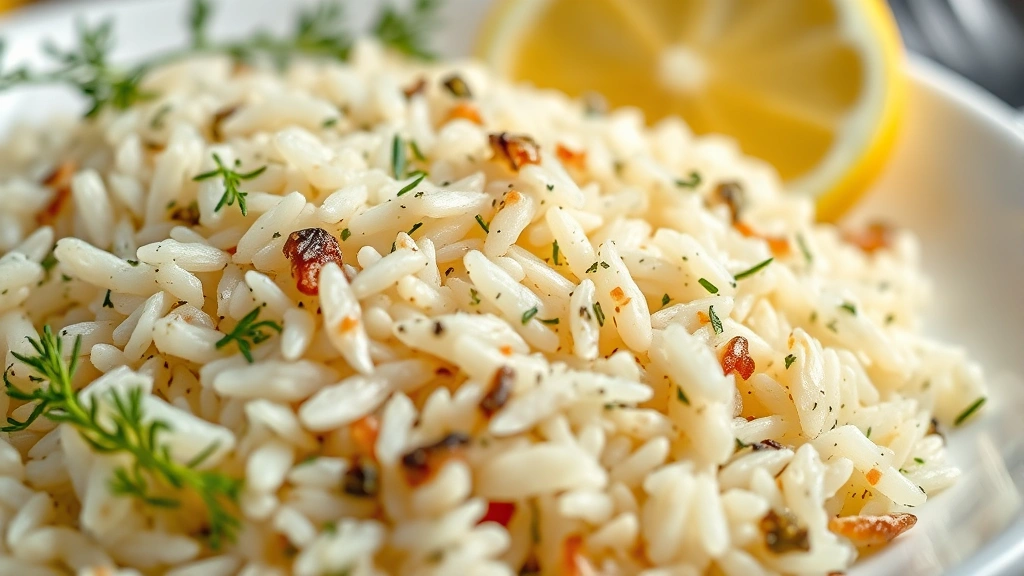 greek rice recipe -
Photorealistic close-up macro shot of cooked Greek rice grains with visible ore