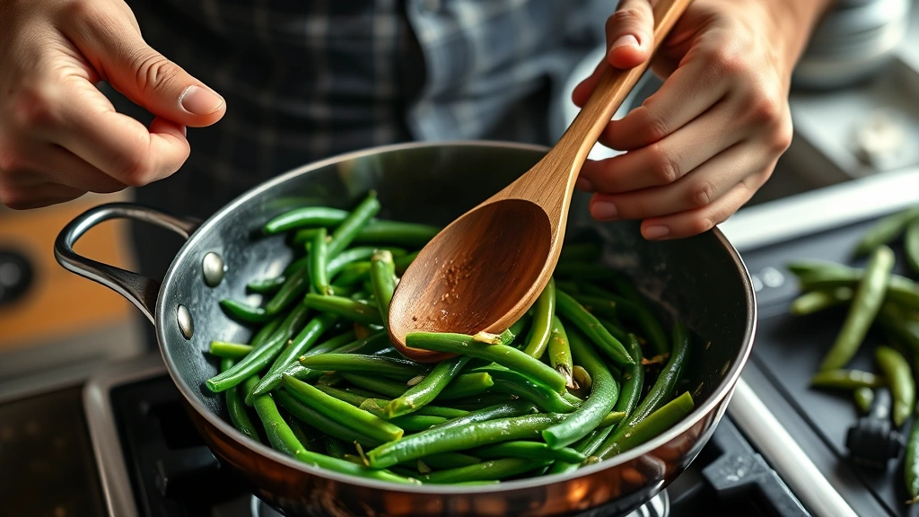 green beans recipes -
Photorealistic hands using wooden spoon to toss fresh green beans in a hot skil