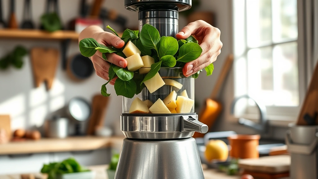 green juice recipe -
photorealistic hands feeding fresh spinach and apple chunks into a stainless st