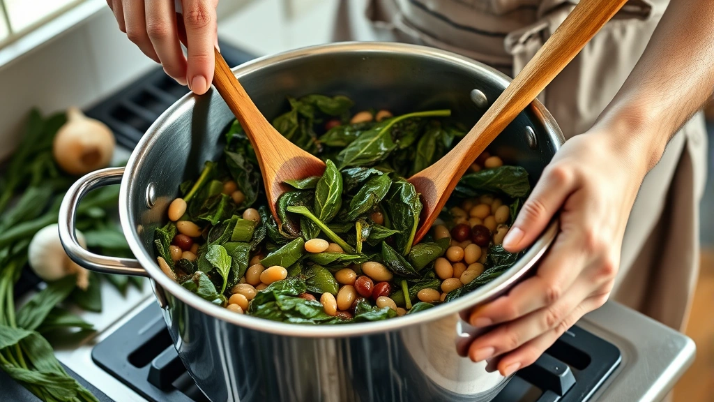 greens and beans recipe -
Photorealistic hands stirring a large stainless steel pot of greens and beans o