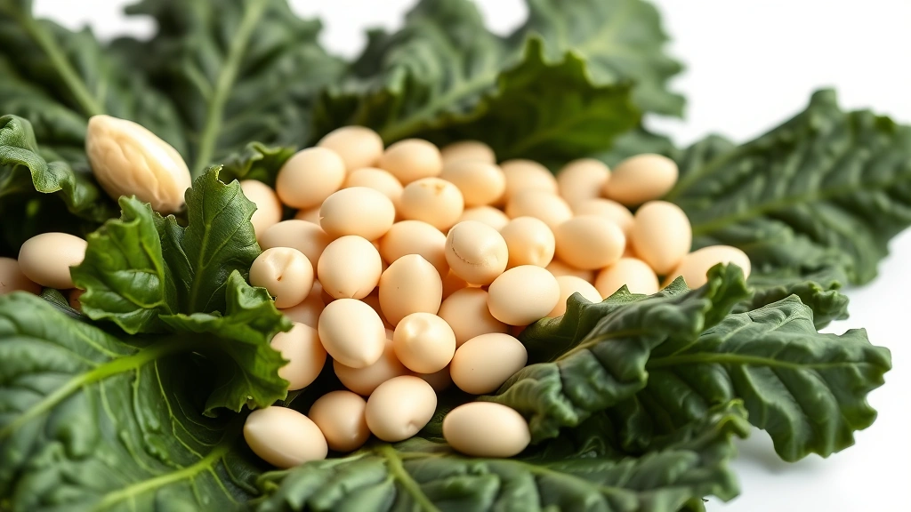 greens and beans recipe -
Photorealistic close-up macro shot of white cannellini beans nestled among dark