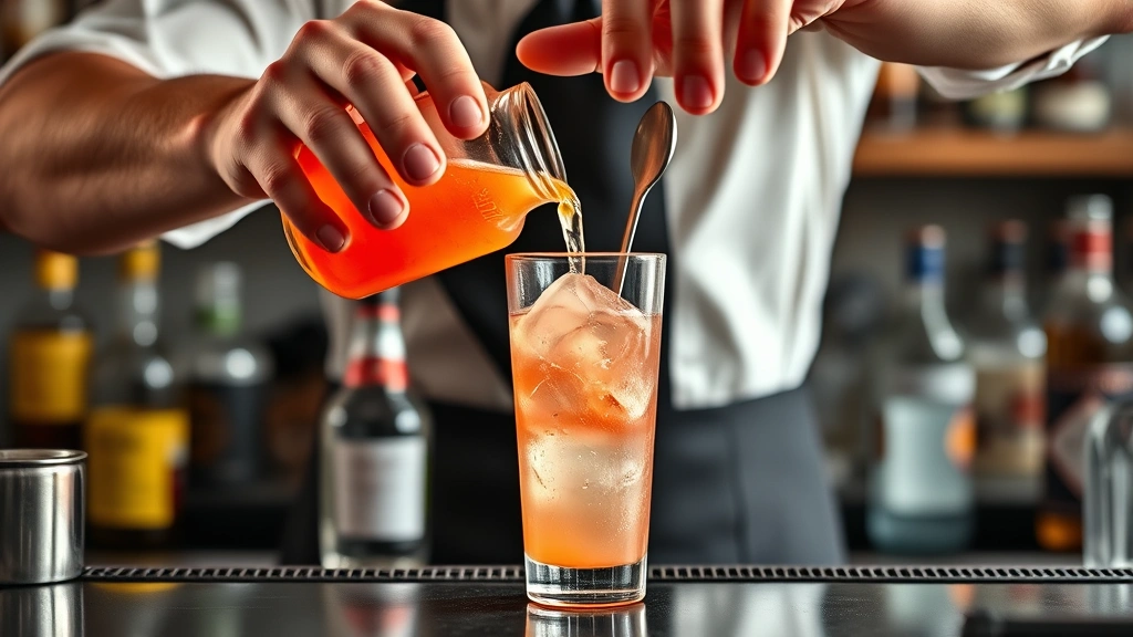 greyhound drink recipe -
Photorealistic hands of bartender pouring fresh grapefruit juice into a highbal