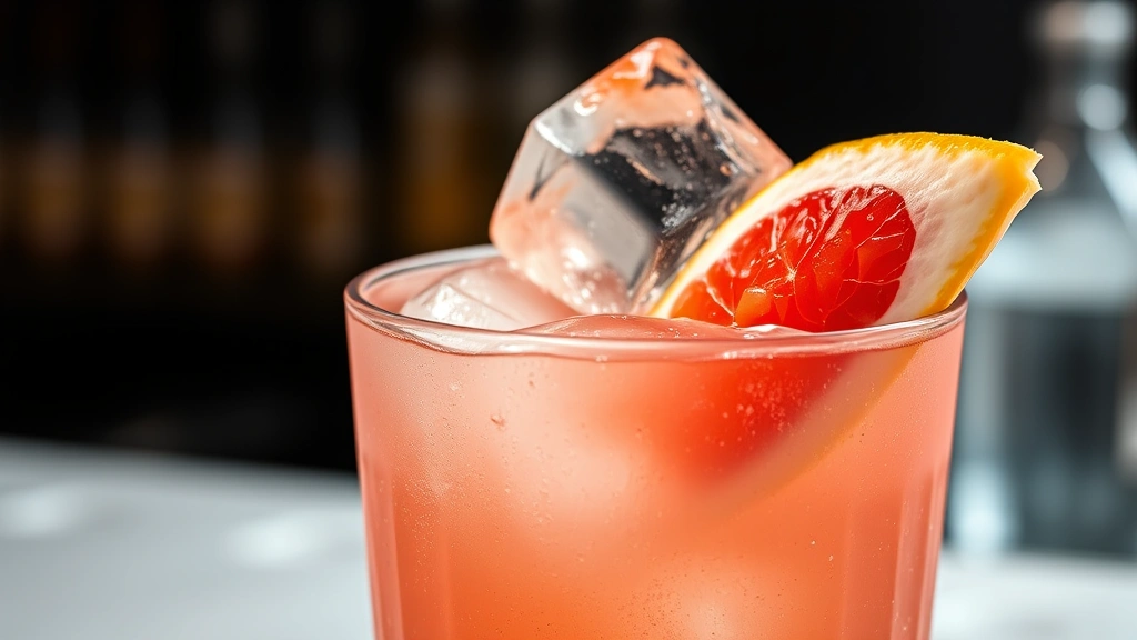 greyhound drink recipe -
Photorealistic close-up macro shot of fresh grapefruit wedge and large ice cube