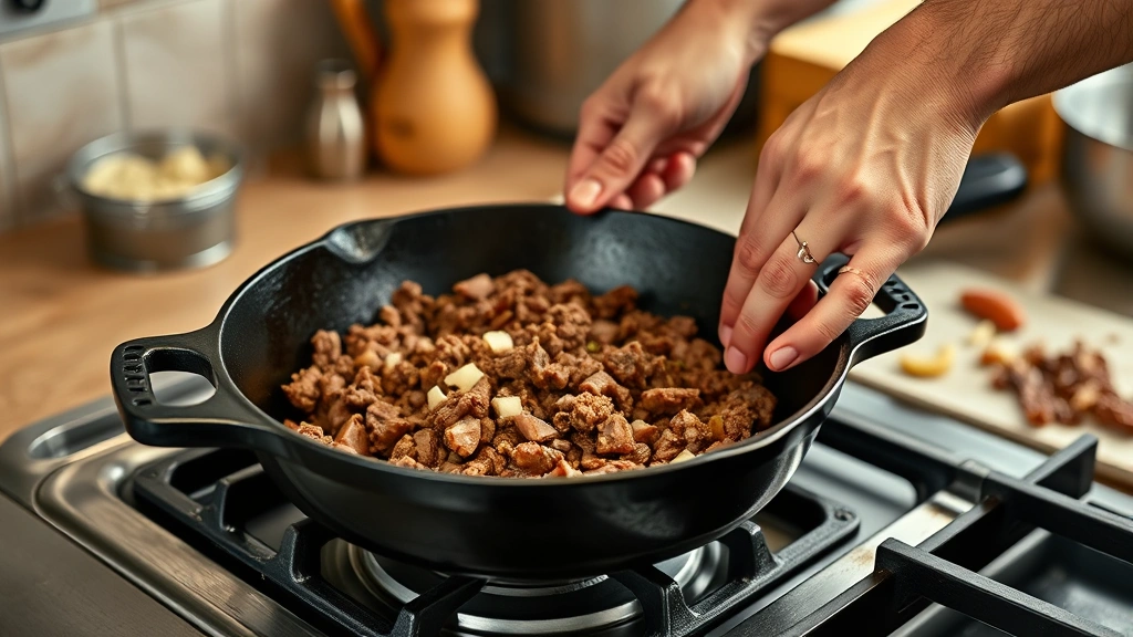 ground deer meat recipes -
photorealistic hands browning ground venison in cast iron skillet on stovetop,