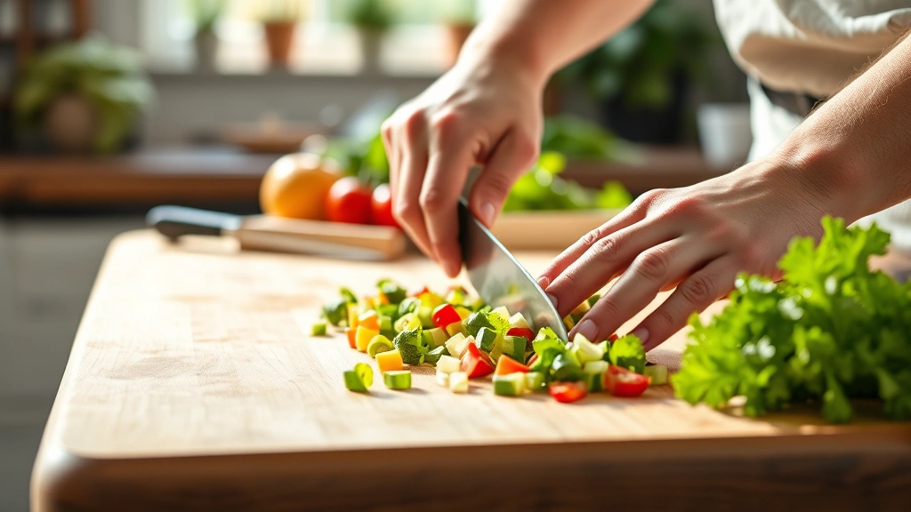 grow a garden recipe list -
photorealistic hands chopping fresh garden vegetables on wooden cutting board i