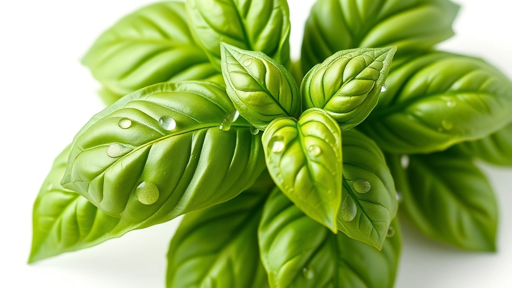 grow a garden recipe list -
photorealistic close-up macro photography of fresh basil leaves with water drop