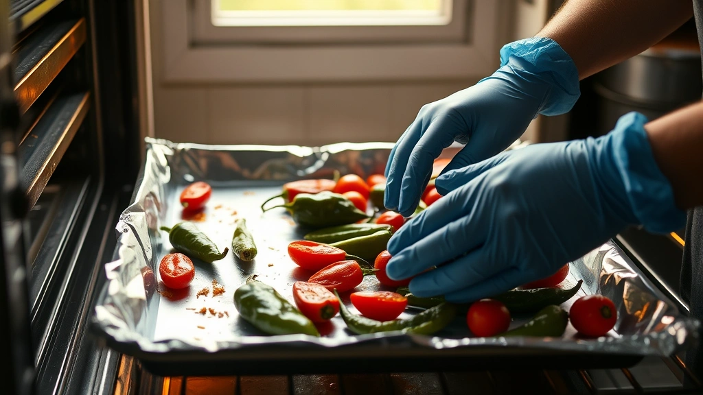 habanero salsa recipe -
Photorealistic hands wearing nitrile gloves roasting fresh habanero peppers and