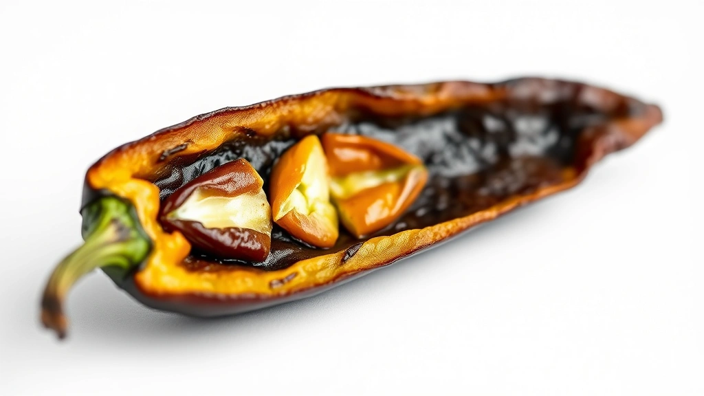 habanero salsa recipe -
Photorealistic close-up macro photography of a single roasted habanero pepper c