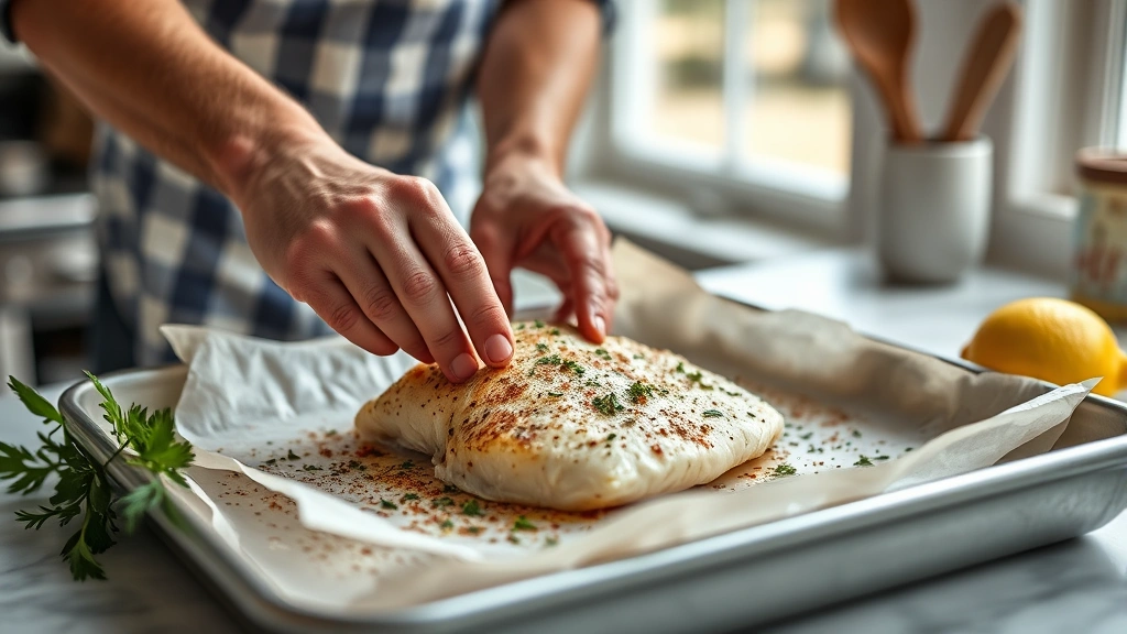 haddock recipes oven -
Photorealistic hands carefully placing seasoned haddock fillet onto parchment-l