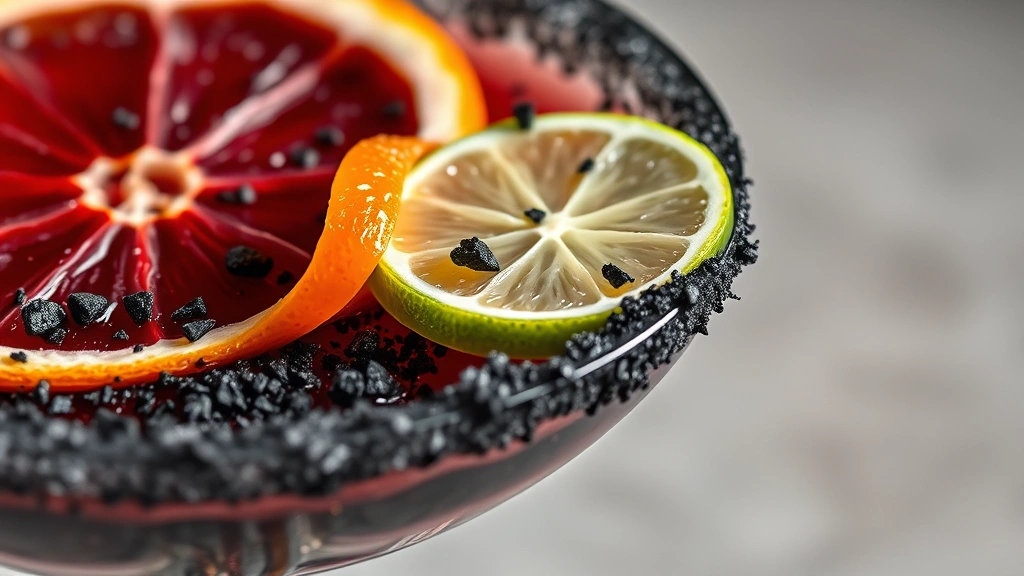 halloween drink recipes -
Photorealistic macro photography of garnished Halloween cocktail rim detail, sh