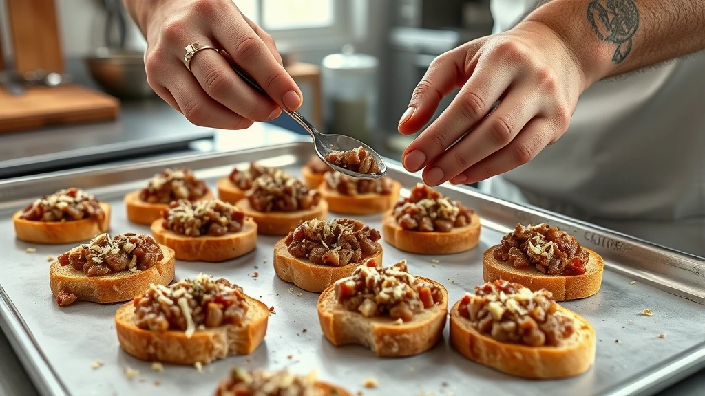 hanky panky recipe -
Photorealistic hands spreading seasoned meat and cheese mixture onto party rye