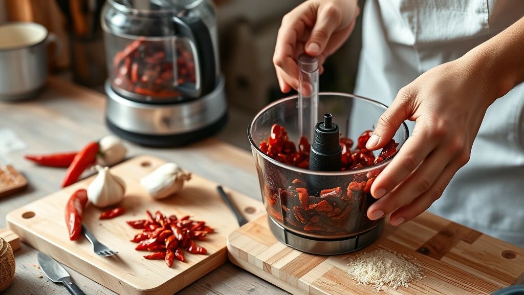harissa paste recipe -
photorealistic hands working, workshop setting, professional photography, no te