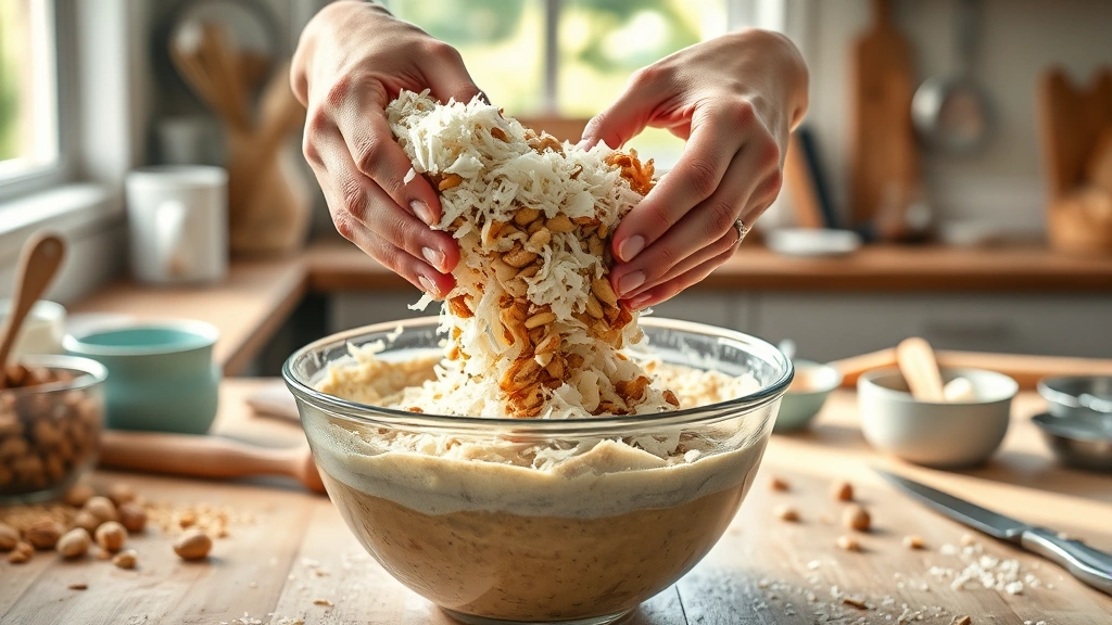 hawaiian banana bread recipe -
Photorealistic hands folding shredded coconut and chopped macadamia nuts into b