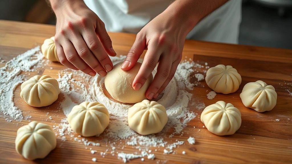 hawaiian rolls recipe -
Photorealistic hands shaping hawaiian roll dough on a floured wooden surface, f
