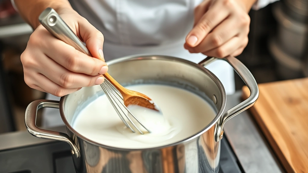 healthy alfredo sauce recipe -
photorealistic hands working, chef whisking Greek yogurt into warm milk mixture