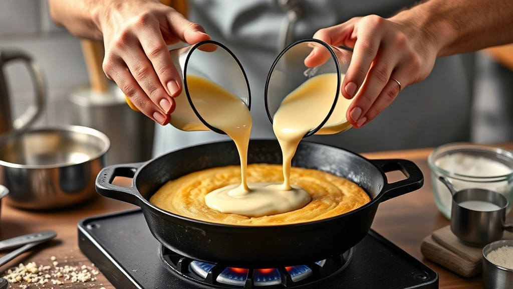 healthy cornbread recipe -
Photorealistic hands pouring cornbread batter into hot cast iron skillet, works