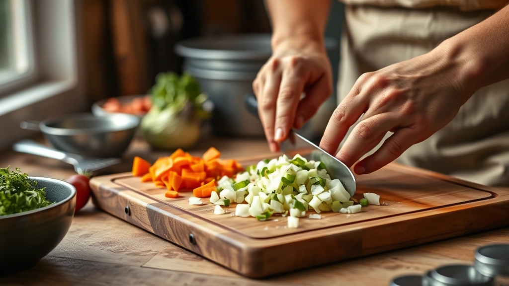 healthy crockpot recipes -
photorealistic hands chopping fresh vegetables on wooden cutting board, worksho