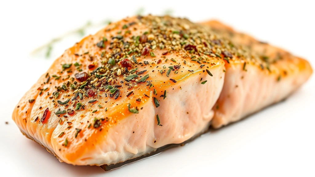 healthy dinner recipes for 2 -
photorealistic close-up macro photography of seasoned salmon fillet with herb c