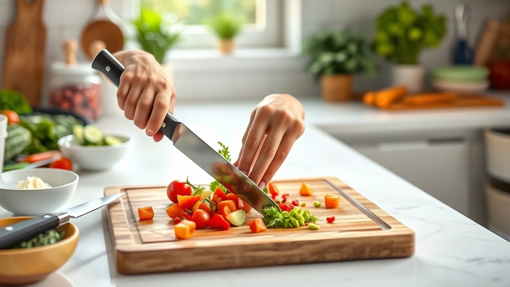 healthy lunch recipes meal prep -
Photorealistic hands actively chopping fresh vegetables on a wooden cutting boa