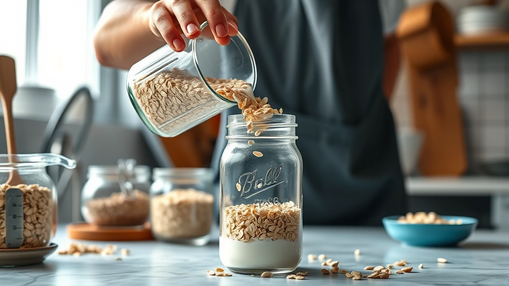 healthy overnight oats recipe -
Photorealistic hands pouring rolled oats and milk into a glass mason jar in a b
