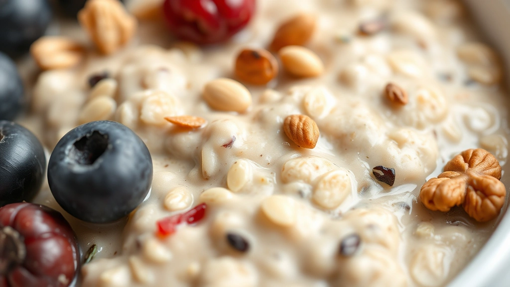 healthy overnight oats recipe -
Photorealistic close-up macro shot of overnight oats texture showing creamy oat