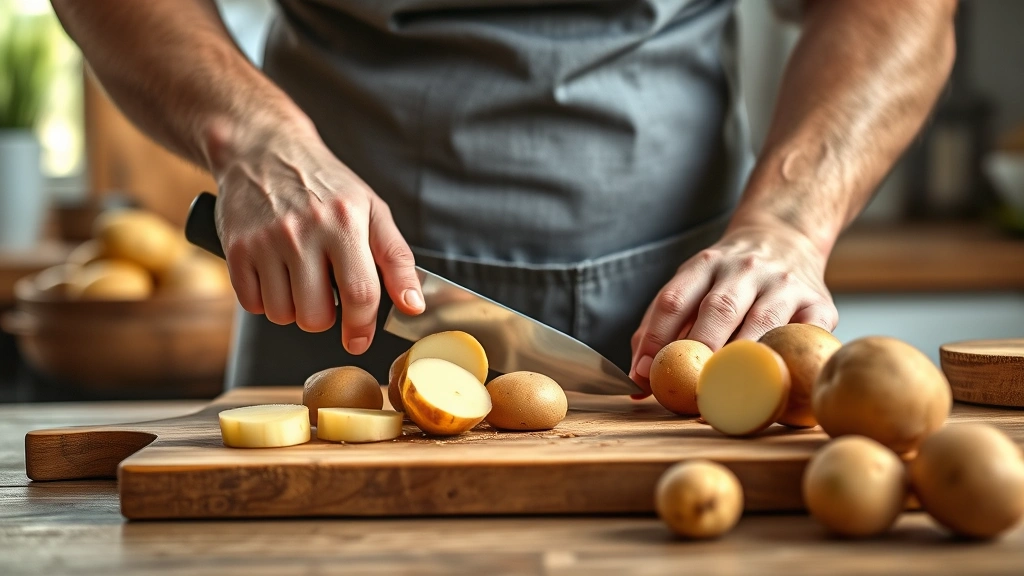 healthy potato recipes -
Photorealistic hands wearing a kitchen apron cutting fresh potatoes on a wooden