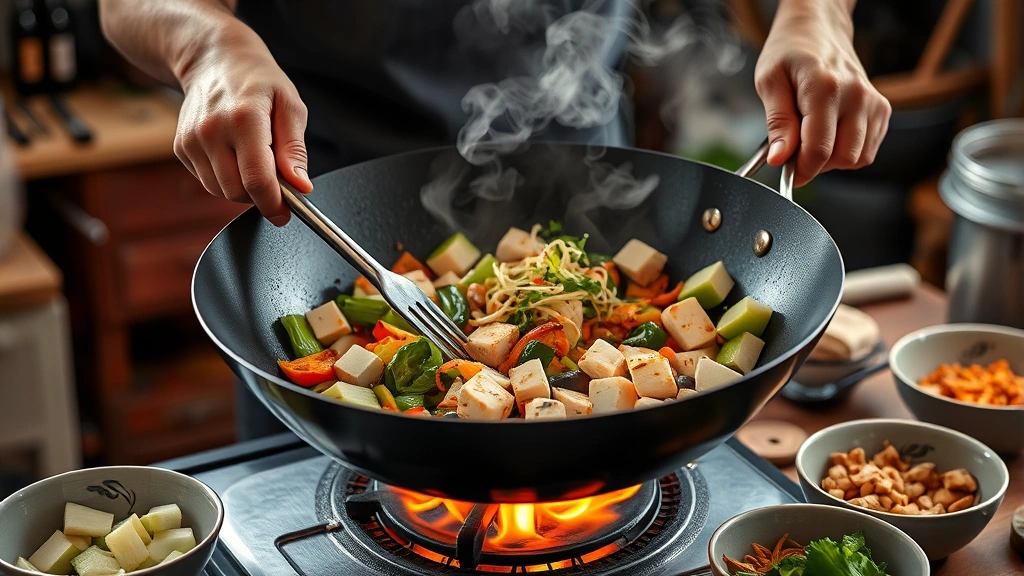 healthy vegetarian dinner recipes -
Photorealistic hands actively stir-frying vegetables and tofu in a large wok ov