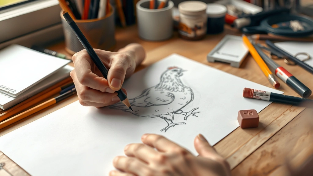 hen how to draw -
Photorealistic hands sketching a hen outline with HB pencil on drawing paper, w