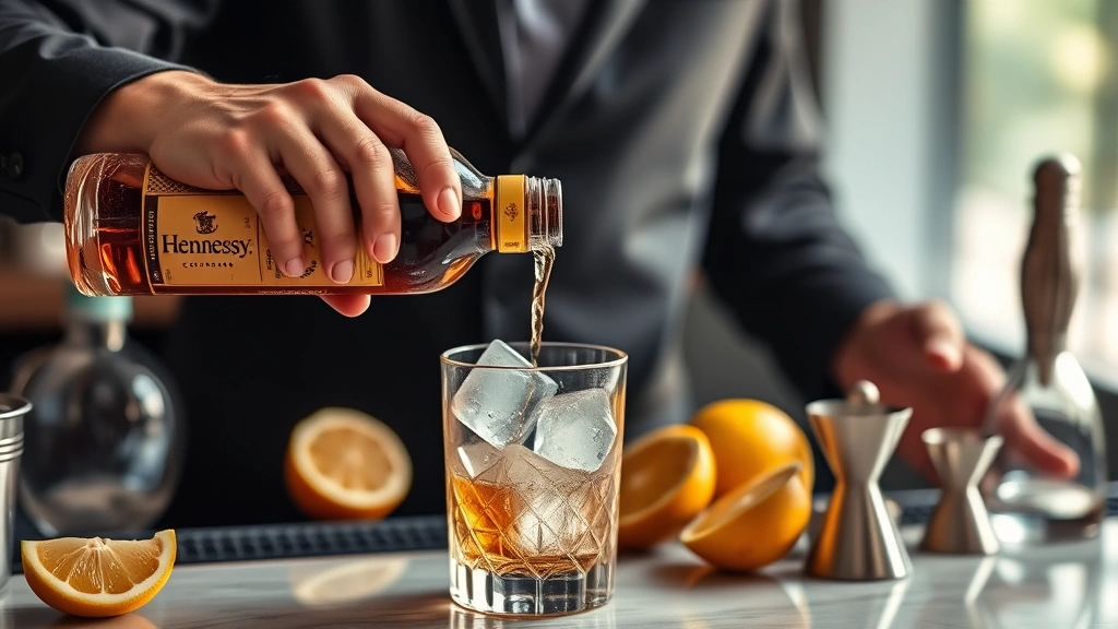 hennessy cocktail recipes -
Photorealistic hands pouring hennessy cognac from bottle into mixing glass with