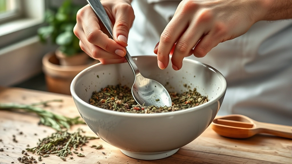herbs de provence recipe -
Photorealistic hands actively mixing dried herbs in a ceramic bowl with a woode