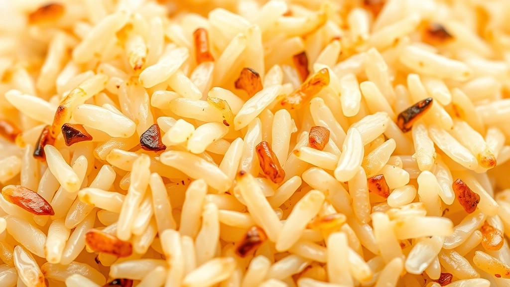 hibachi fried rice recipe -
photorealistic close-up macro photography of individual grains of fried rice wi
