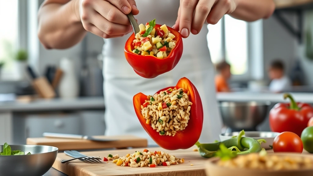 high fiber dinner recipes -
Photorealistic hands assembling a stuffed bell pepper in a bright kitchen, show