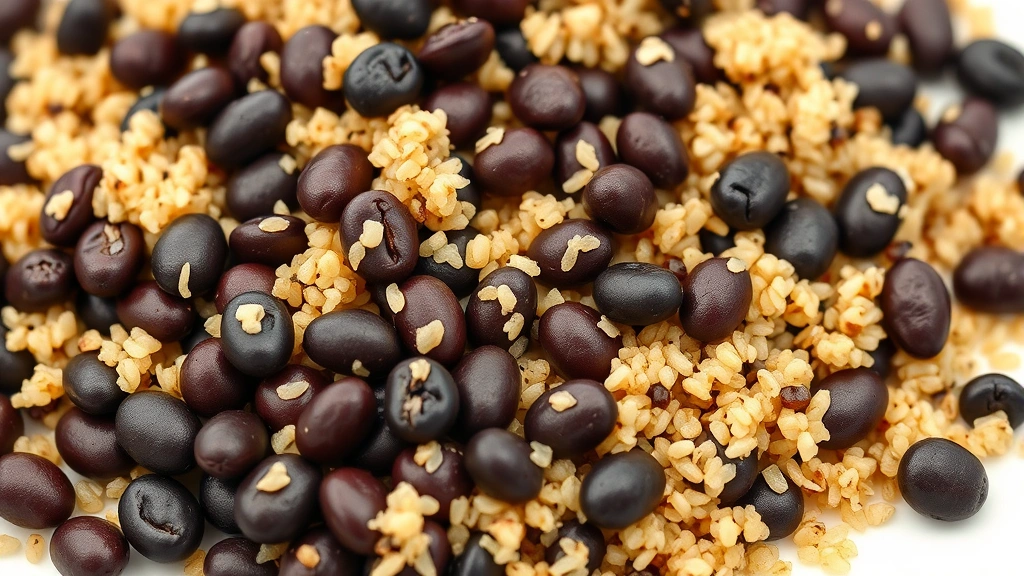 high fiber dinner recipes -
Photorealistic close-up macro photography of cooked black beans and quinoa mixe