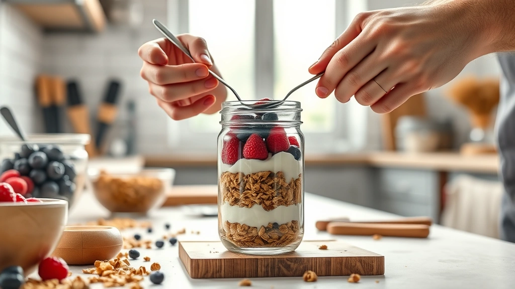 high-fiber three-ingredient snack recipes -
photorealistic hands working in a bright kitchen showing someone assembling a b