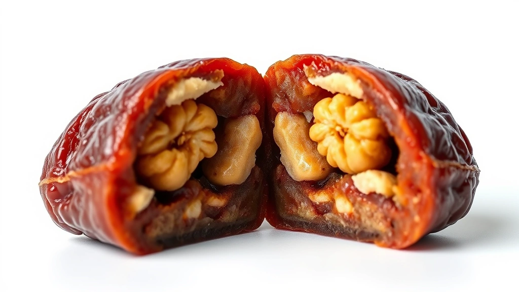 high-fiber three-ingredient snack recipes -
photorealistic close-up macro photography of a single date-walnut bite cut in h