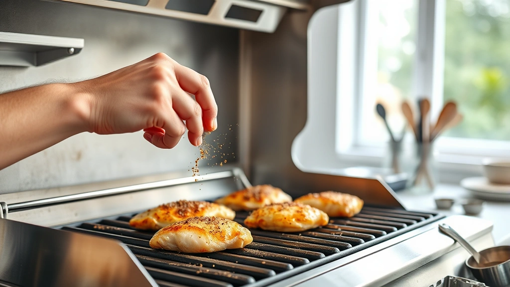 high protein recipes -
Photorealistic hands in a bright kitchen actively seasoning and grilling chicke