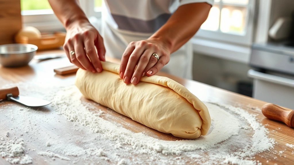 hoagie bread recipe -
photorealistic hands shaping hoagie dough, rolling and sealing the seam on a fl