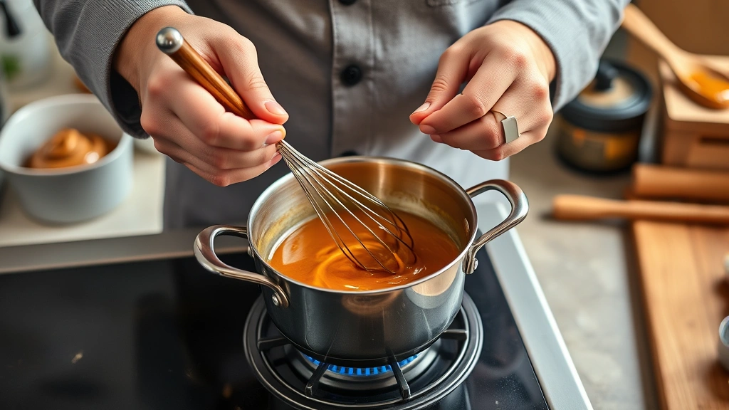 hoisin sauce recipe -
photorealistic hands whisking hoisin sauce ingredients in a small saucepan on s