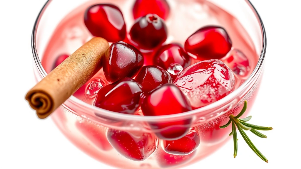 holiday drink recipes -
Photorealistic close-up macro photography of a pomegranate martini garnish—fres