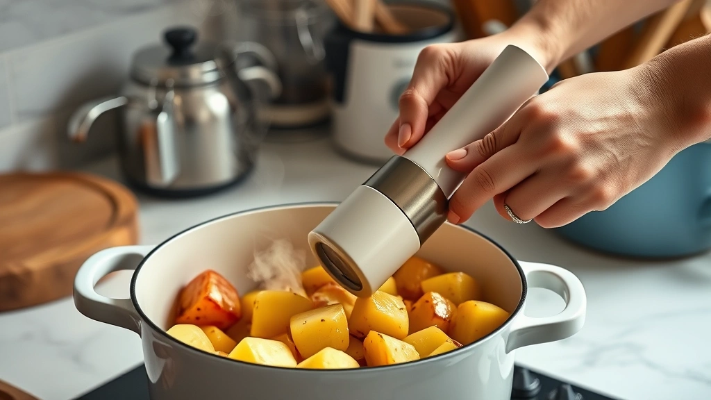 homemade applesauce recipe -
photorealistic hands using potato masher to blend cooked apples in white cerami