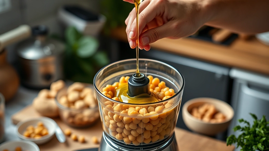 homemade hummus recipes without tahini -
Photorealistic hands working showing someone blending chickpeas in a food proce