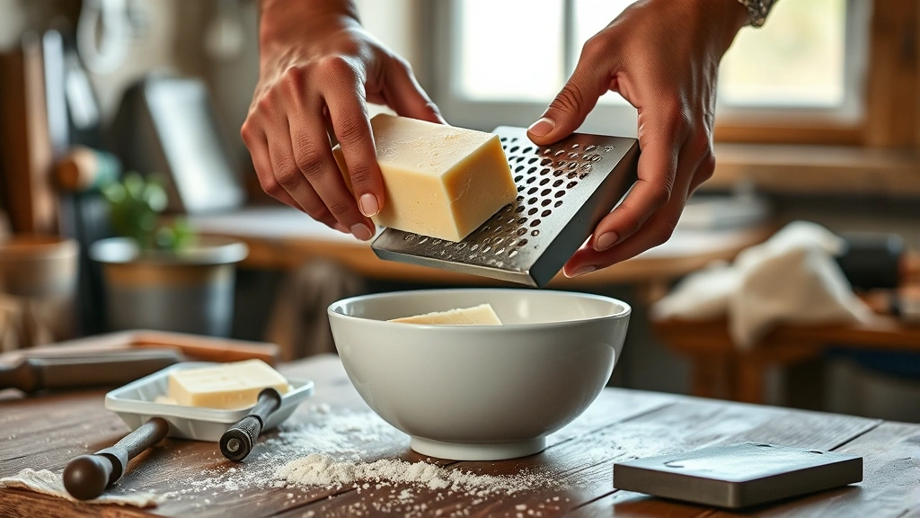 homemade laundry detergent recipe -
Photorealistic hands grating bar soap over a white bowl using a box grater, wor