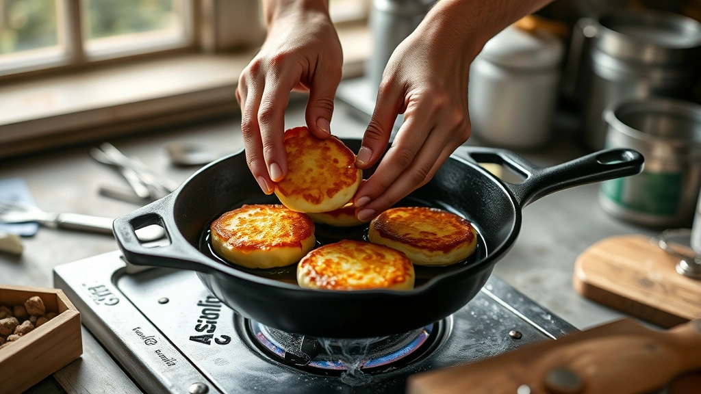 hominy recipes -
Photorealistic hands forming golden-brown fried hominy cakes in cast iron skill