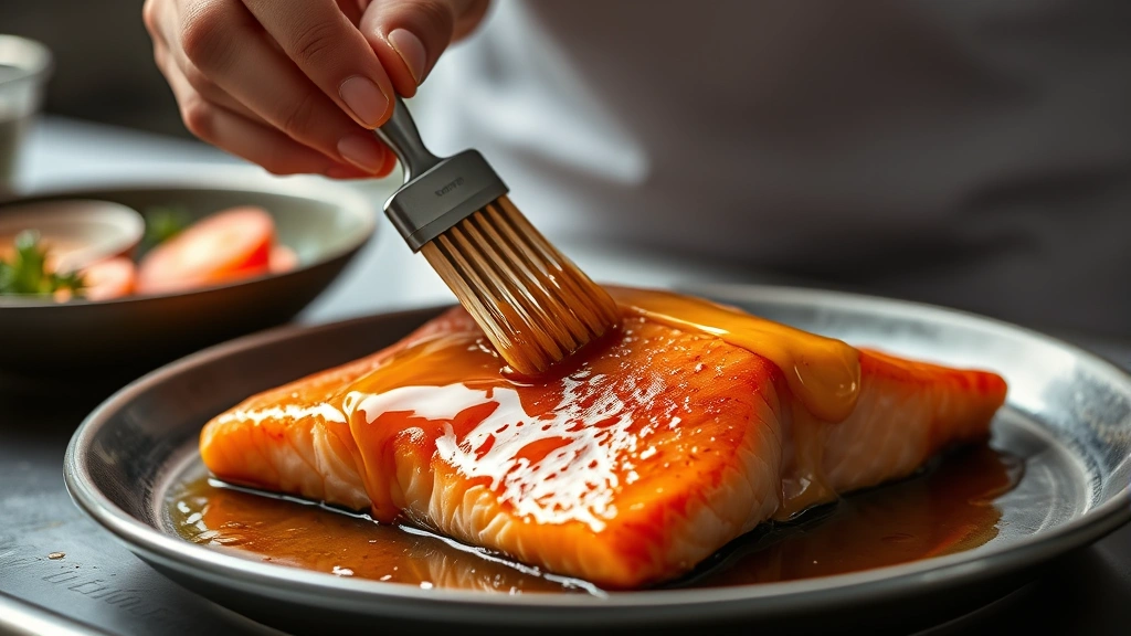 honey recipes -
Photorealistic close-up of hands brushing honey glaze onto roasted salmon fille