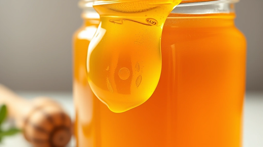honey recipes -
Photorealistic macro close-up of raw honey in a glass jar with honeycomb visibl